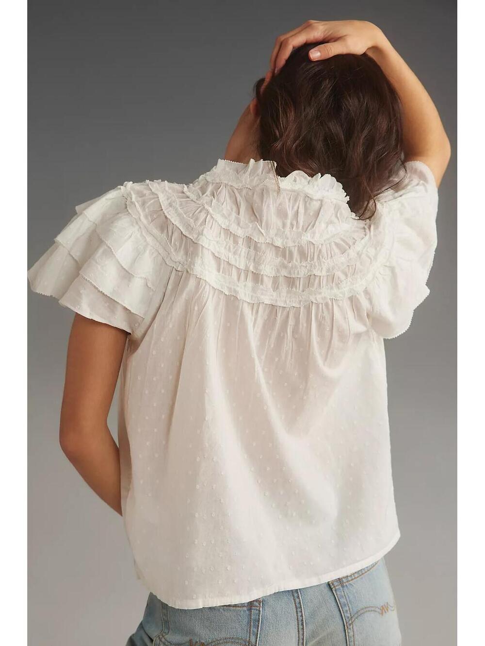 By Anthropologie Layered-Sleeve Henley Top White Dotted Swiss Dot Ruffle Blouse - Picture 2 of 9